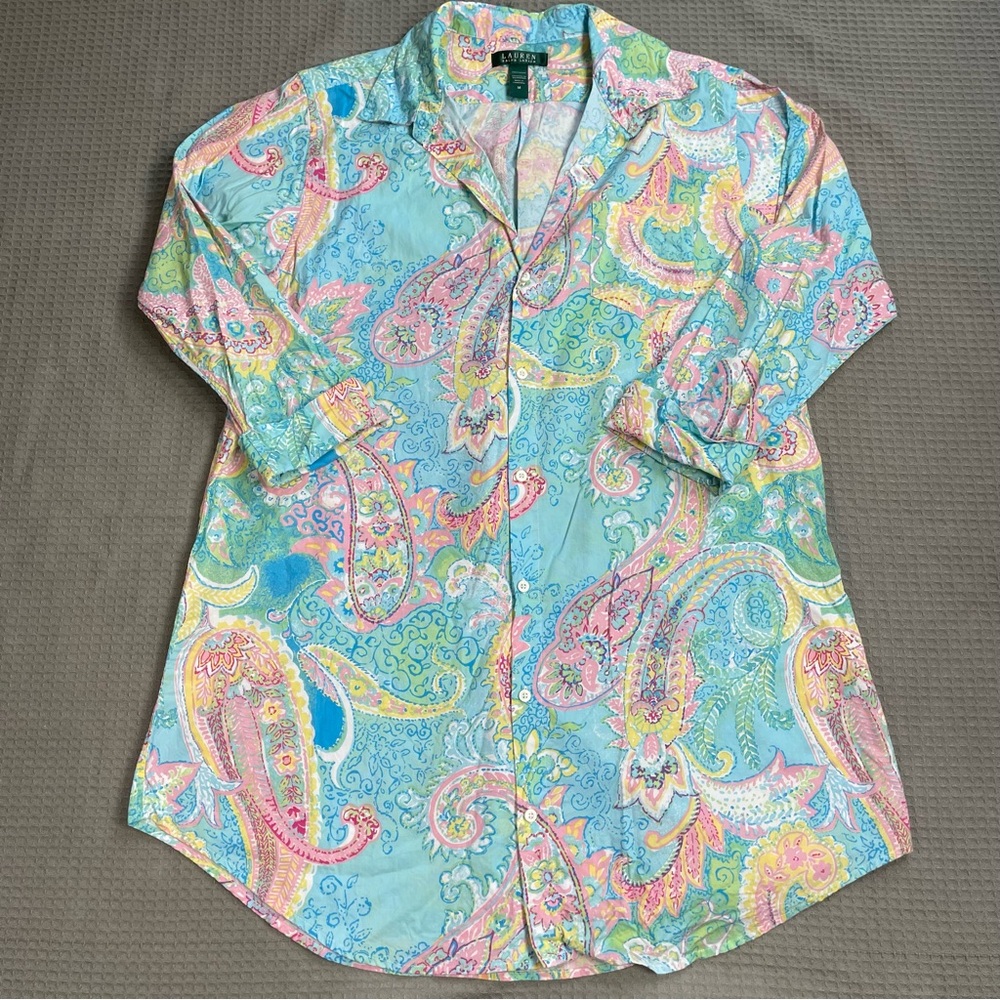 Lauren Ralph Lauren Nightshirt Medium Womens Pastel Paisley Monogram Cotton